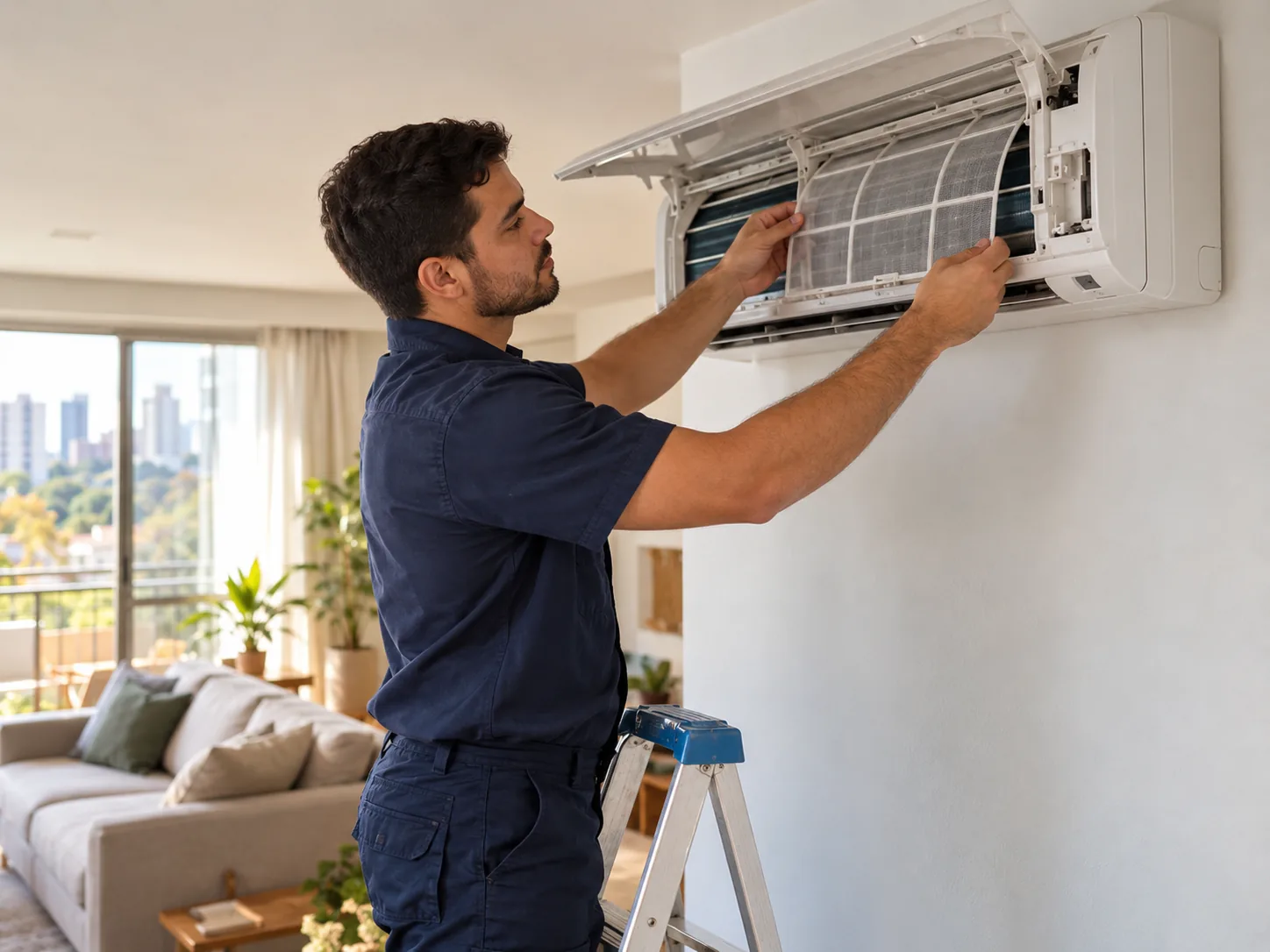 Imagem ilustrativa de técnico realizando manutenção em ar-condicionado residencial