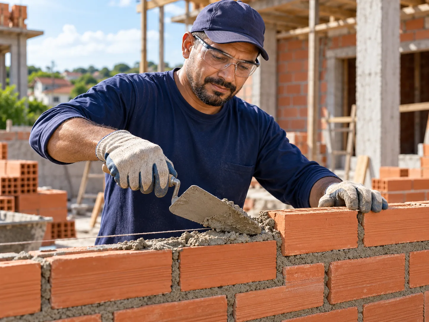 Imagem ilustrativa de pedreiro construindo uma parede de tijolos