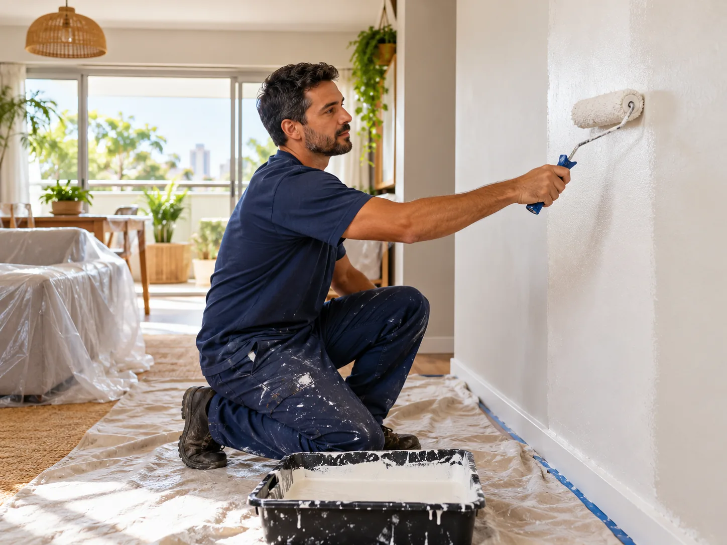 Imagem ilustrativa de profissional pintando uma parede interna com rolo